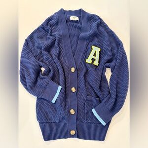 aerie 100% Cotton Waffle Knit Letter A Varsity Navy Cardigan Medium V Neck